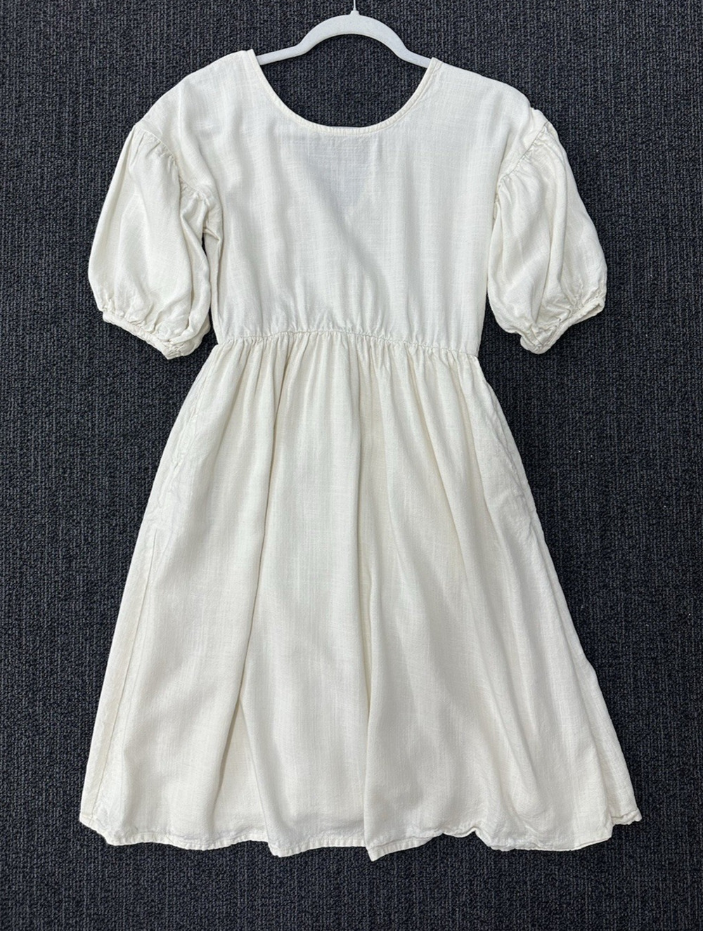 Little Cottonwood Dress Short Puff Sleeves A Line Ivory Cream 100% Linen Sz XXS